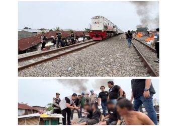 Tim gabungan gerebek sarang narkoba di bantaran rel kereta api kawasan Tembung, Kecamatan Percut Sei Tuan. Tercatat 6 pelaku ditangkap dan barak dibakar. (Foto Ist)