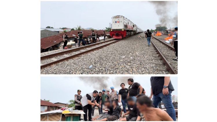 Tim gabungan gerebek sarang narkoba di bantaran rel kereta api kawasan Tembung, Kecamatan Percut Sei Tuan. Tercatat 6 pelaku ditangkap dan barak dibakar. (Foto Ist)
