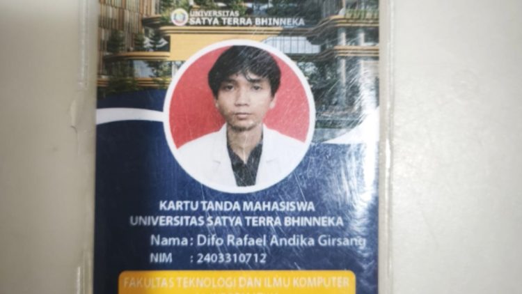 Kartu identitas mahasiswa yang melompat dari Lantai 22 UNPRI ternyata mahasiswa di Universitas Satya Terra Bhinneka. (Foto Ist)