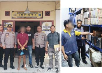 Tersangka TJT diapit Kapolsek Siantar Marihat AKP David Eka Putra SH, Wakapolsek IPTU MP Simanjuntak dan Kanit Reskrim IPTU Juhandya Malau SH.