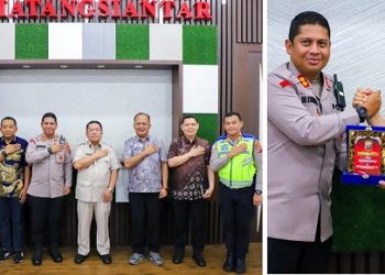 Wali Kota Pematangsiantar Wesly Silalahi SH MKn menyambut silaturahmi Kapolres Pematangsiantar AKBP Dhana Noer Kurniawan SIK MM berserta jajaran, di Command Center Lantai 2 Balai Kota, Jalan Merdeka
