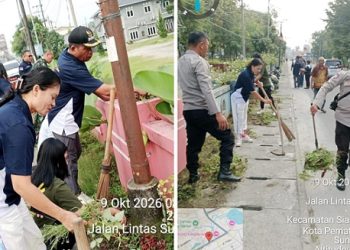 Camat Siantar Selatan Henry Purba SH berseama pegawai, Bhabikamtibmas dan Binsa gotong royong didepan sopo godang Jalan Gereja