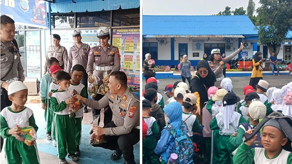 Kasat Lantas Polres Pematangsiantar AKP Simon E. Simatupang S.H, M.H, CPHR menerima kunjungan anak didik TK Al Washliyah