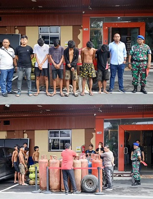 Para terduga pelaku pengoplosan gas elpiji bersubsidi yang diamakan Tim Quick Respon (Intel) Komando Daerah TNI Angkatan Laut I (Kodaeral I). (Foto Ist)