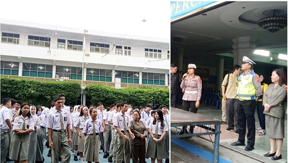 Kanit Kamsel IPDA Serly Tarigan bersama personil saat laksanakan Police Go To School di SMA YP Sultan Agung