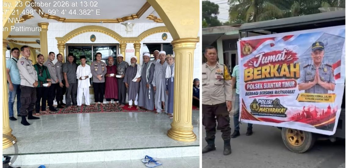 Kapolsek Siantar Timur IPTU Chandra Ritongah SH. MH bersama personil Gelar Jumat Berkah di Mesjid Taqwa Jalan Pattimura