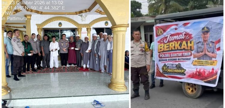 Kapolsek Siantar Timur IPTU Chandra Ritongah SH. MH bersama personil Gelar Jumat Berkah di Mesjid Taqwa Jalan Pattimura