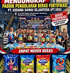Polri mengungkap pabrik pengolahan beras fortifikasi PT. Usdama Damai Sejahtera (PT.UDS) di Jl. Letda Sujono, Kecamatan Tembung, Kabupaten Deli Serdang. (Foto Ist)