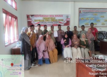 Gampong Krueng ceuko Kecamatan Seunagan Kabupaten Nagan Raya, Kamis (29/05/25) menggelar Musyawarah Desa Khusus (Musdesus) bertempat dikantor Keuchik Gampong setempat
