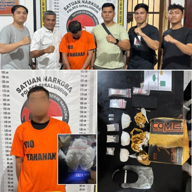 Kasat Narkoba apit tersangka Joko Prayogi bersama IPDA FS dan personel Sat Narkoba lainnya. (Foto. Dok/Sat Narkoba Polres Simalungun)