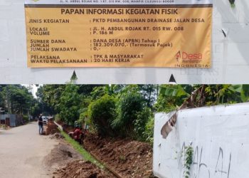 Pelaksanaan Padat Karya Tunai Desa (PKTD) Pembangunan Drainase Jalan Desa Mampir Kecamatan Cileungsi ,Sepanjang 186 Meter total biaya Rp.182 Juta Lebih Terealisasi. (Foto. Dok: RH/Mitrapolri.com/09/05/2025)
