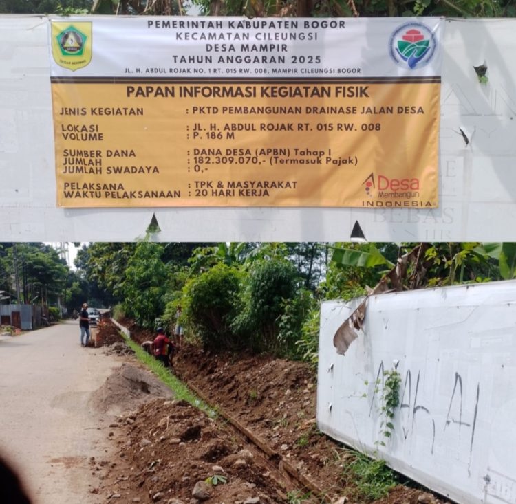 Pelaksanaan Padat Karya Tunai Desa (PKTD) Pembangunan Drainase Jalan Desa Mampir Kecamatan Cileungsi ,Sepanjang 186 Meter total biaya Rp.182 Juta Lebih Terealisasi. (Foto. Dok: RH/Mitrapolri.com/09/05/2025)