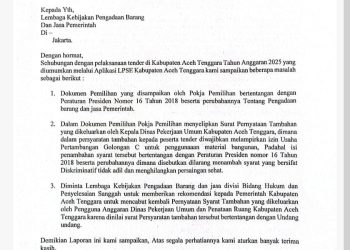 Transparansi Tender Indonesia (TTI) mengirimkan Surat kepada Lembaga Kebijakan Pengadaan Barang dan Jasa Pemerintah LKPP selaku Regulator Pelaksanaan Pengadaan Barang dan Jasa.