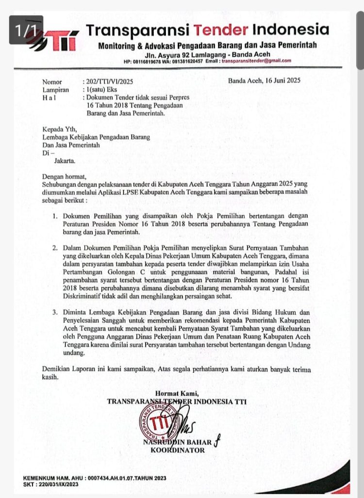 Transparansi Tender Indonesia (TTI) mengirimkan Surat kepada Lembaga Kebijakan Pengadaan Barang dan Jasa Pemerintah LKPP selaku Regulator Pelaksanaan Pengadaan Barang dan Jasa.