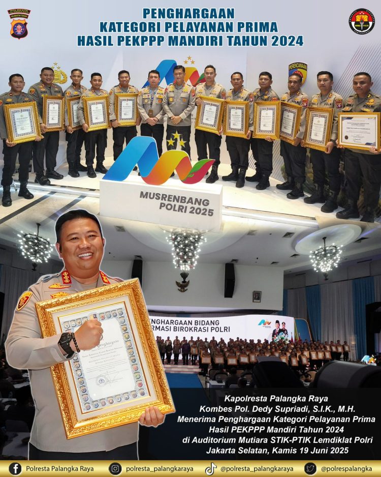Kapolresta Palangka Raya Kombes Pol. Dedy Supriadi, S.I.K., M.H., menerima penghargaan dari Kementerian Pendayagunaan Aparatur Negara dan Reformasi Birokrasi (Kemenpan-RB) atas pencapaian kategori Pelayanan Prima dalam hasil Pemantauan dan Evaluasi Kinerja Penyelenggara Pelayanan Publik (PEKPPP) Mandiri Tahun 2024.