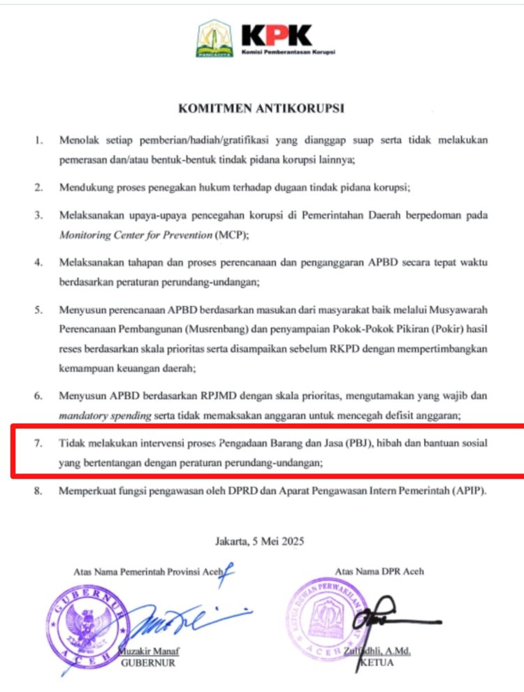 Komitmen yang baru saja ditanda tangani di Jakarta 5 Mei 2025 antara Pemerintah Aceh dengan KPK yang diwakili Gubernur Aceh dan Ketua DPRA.
