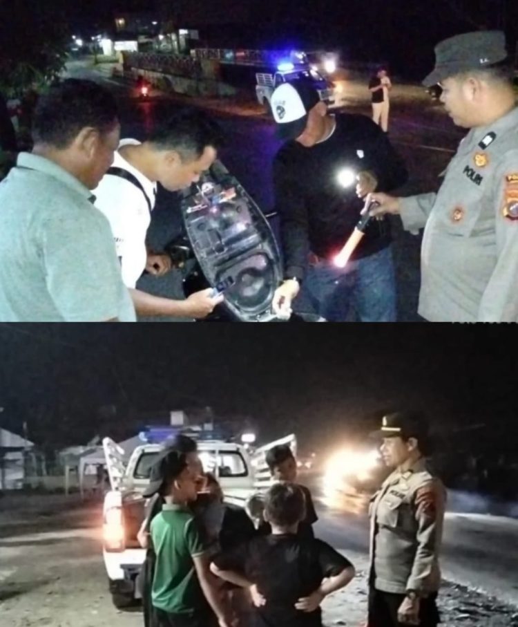 Personel Polsek Na IX-X melaksanakan Patroli Blue Light di jalur lintas Sumatera (Jalinsum) Kelurahan Aek Kota Batu, Kecamatan Na IX-X, Kamis malam (03/07/2025).