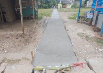 Realisasi Program Pembangunan Betonisasi Jalan  Lingkungan RT 04 / RW 03 Desa Gunungsari  Kecamatan Citeureup  Sepanjang 220 m,lebar 1m,tinggi 10 cm bersumber dari Dana Desa  Tahun Anggaran 2025. (Foto. Dok: RH/Mitrapolri.com)