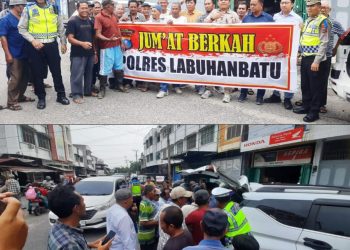 Sat Intelkam dan Sat Lantas Polres Labuhanbatu melaksanakan kegiatan "Jumat Berkah" di Jalan Patimura, Kecamatan Rantau Utara, Kabupaten Labuhanbatu, wilayah hukum Polres Labuhanbatu.