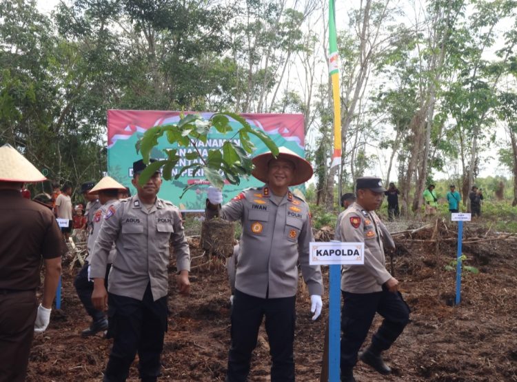 Kepala Kepolisian Daerah Kalimantan Tengah Irjen Pol Iwan Kurniawan melakukan penanaman jagung kuartal III di lahan perhutanan sosial, Desa Kalawa, Kecamatan Kahayan Hilir, Kabupaten Pulang Pisau, Rabu (9/7/2025).