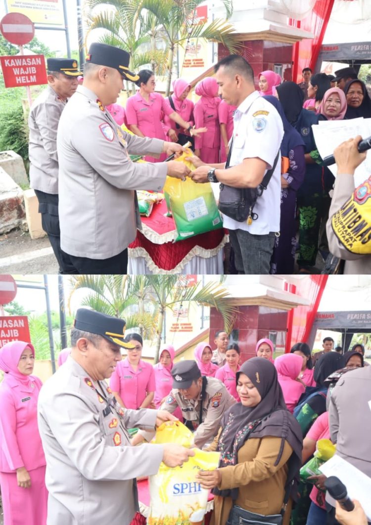 Kapolres Labuhanbatu AKBP Choky Sentosa Meliala, S.I.K., S.H., M.H. didampingi para pejabat utama (PJU) Polres Labuhanbatu, Wakil Ketua Bhayangkari Cabang Labuhanbatu Ny. Dani H. Matondang, serta para pengurus Bhayangkari hadir langsung dalam kegiatan tersebut. GPM ini bertujuan membantu masyarakat mendapatkan bahan pangan berkualitas dengan harga terjangkau.