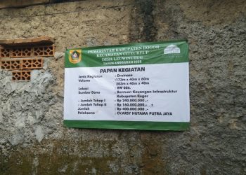 Papan Kegiatan Pembangunan Drainase dengan volume 173 m X 40 m X 60 m. Serta 203 m X 40 m X 40 m. Di satu Lokasi RW 006  di 2 ( dua ) titik. (Foto. Dok: RH/Mitrapolri.com)