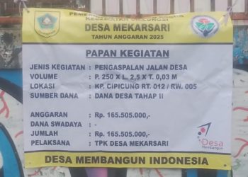 Papan Kegiatan Tercantum Besaran Dan Volume Kegiatan Pengaspalan Jalan Desa, P= 250 m, L=2,5 m, T=0.03 m ( 3 ) cm, Anggaran Rp.165.505.000. (Foto. Dok: RH/Mitrapolri.com)