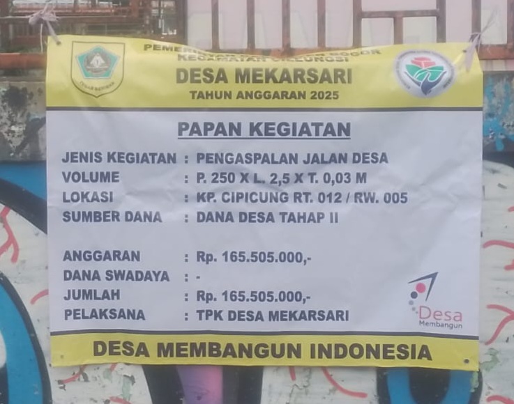 Papan Kegiatan Tercantum Besaran Dan Volume Kegiatan Pengaspalan Jalan Desa, P= 250 m, L=2,5 m, T=0.03 m ( 3 ) cm, Anggaran Rp.165.505.000. (Foto. Dok: RH/Mitrapolri.com)