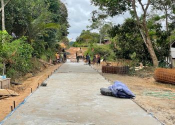 satgas TMMD Kodim 1016/Palangka Raya dan warga Desa Karya Bakti, Kecamatan Rungan saat melaksanakan pembangunan jalan.
