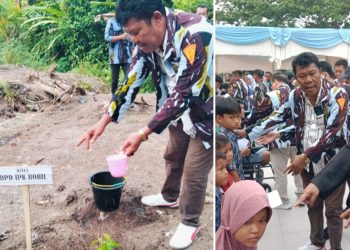 Ketua DPD IPK Rokan Hilir, Bahrum Marpaung, SE, berkesempatan menanam pohon durian Musang King dan memberikan santunan kepada anak yatim. (Foto. Dok/IPK)