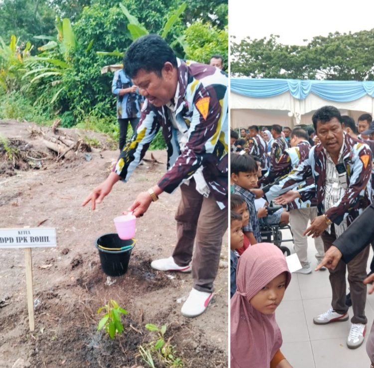 Ketua DPD IPK Rokan Hilir, Bahrum Marpaung, SE, berkesempatan menanam pohon durian Musang King dan memberikan santunan kepada anak yatim. (Foto. Dok/IPK)