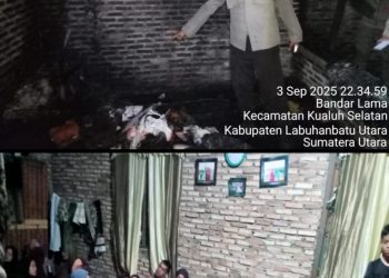 Personel Polsek Kualuh Hulu Polres Labuhanbatu melakukan pengecekan Tempat Kejadian Perkara (TKP) musibah kebakaran yang menghanguskan satu unit rumah permanen di Dusun V, Desa Bandar Lama, Kecamatan Kualuh Selatan, Kabupaten Labuhanbatu Utara, Rabu (03/09/2025) malam.
