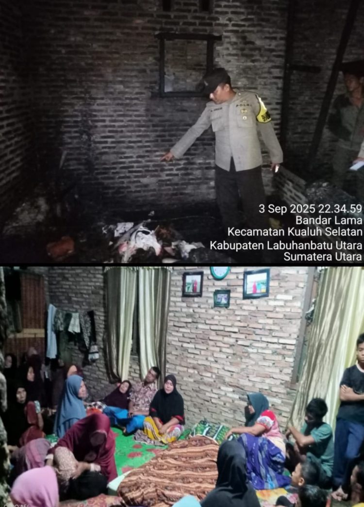 Personel Polsek Kualuh Hulu Polres Labuhanbatu melakukan pengecekan Tempat Kejadian Perkara (TKP) musibah kebakaran yang menghanguskan satu unit rumah permanen di Dusun V, Desa Bandar Lama, Kecamatan Kualuh Selatan, Kabupaten Labuhanbatu Utara, Rabu (03/09/2025) malam.