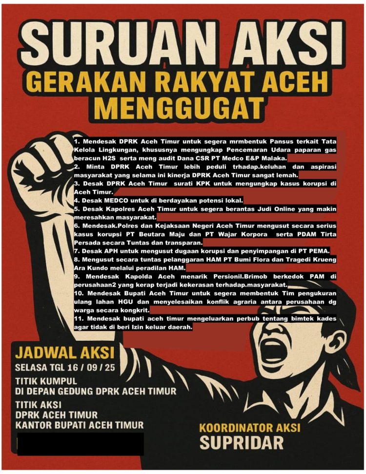 Massa aksi yang menamakan dirinya Gerakan aceh menggugat, bakal menggelar aksi demonstrasi di depan kantor DPRK, kantor bupati Aceh Timur, Selasa 16/9/2025,