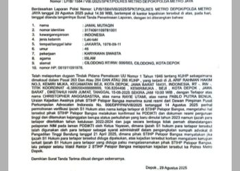Surat Tanda Penerimaan Laporan (STPL) Nomor: LP/B/1584/VIII/3025/SPKT/POLRES METRO DEPOK/POLDA METRO JAYA, tertanggal 29 Agustus 2025 sekitar pukul 14.59 WIB.
