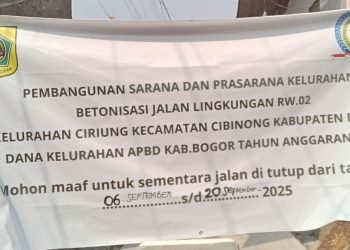 Realisasi Pembangunan Infrastruktur Jalan di Lingkungan RW 02  Kelurahan Ciriung Kecamatan Cibinong APBD Kabupaten Bogor Tahun Anggaran 2025. (Foto. Dok: RH/Mitrapolri.com)