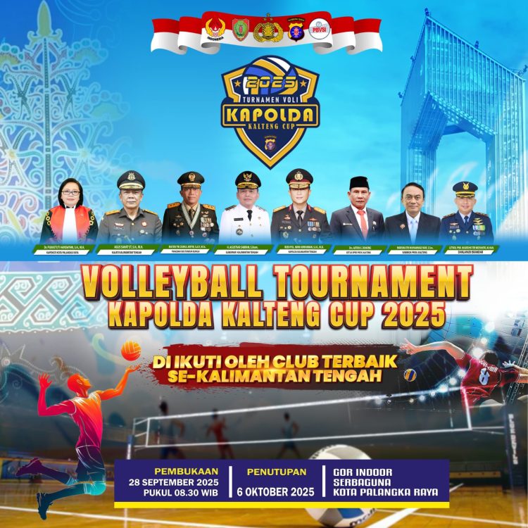 Turnamen Bola Voli Piala Kapolda Kalteng Cup 2025, di GOR Serbaguna, Jl. Tjilik Riwut Km. 5, Kota Palangka Raya, pada Minggu, 28 September 2025.