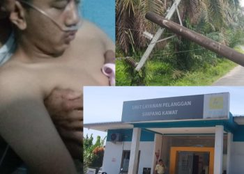 Seorang warga Asahan, Febri Adriyan, harus menjalani perawatan medis usai tersengat listrik dari tiang PLN yang tumbang (kiri). Tiang listrik yang roboh dan menyalurkan arus ke jembatan diduga menjadi penyebab insiden tersebut (atas kanan). Foto. Dok: Ganda Asamara/Mitrapolri.com