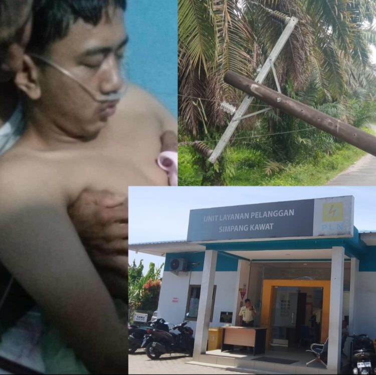 Seorang warga Asahan, Febri Adriyan, harus menjalani perawatan medis usai tersengat listrik dari tiang PLN yang tumbang (kiri). Tiang listrik yang roboh dan menyalurkan arus ke jembatan diduga menjadi penyebab insiden tersebut (atas kanan). Foto. Dok: Ganda Asamara/Mitrapolri.com