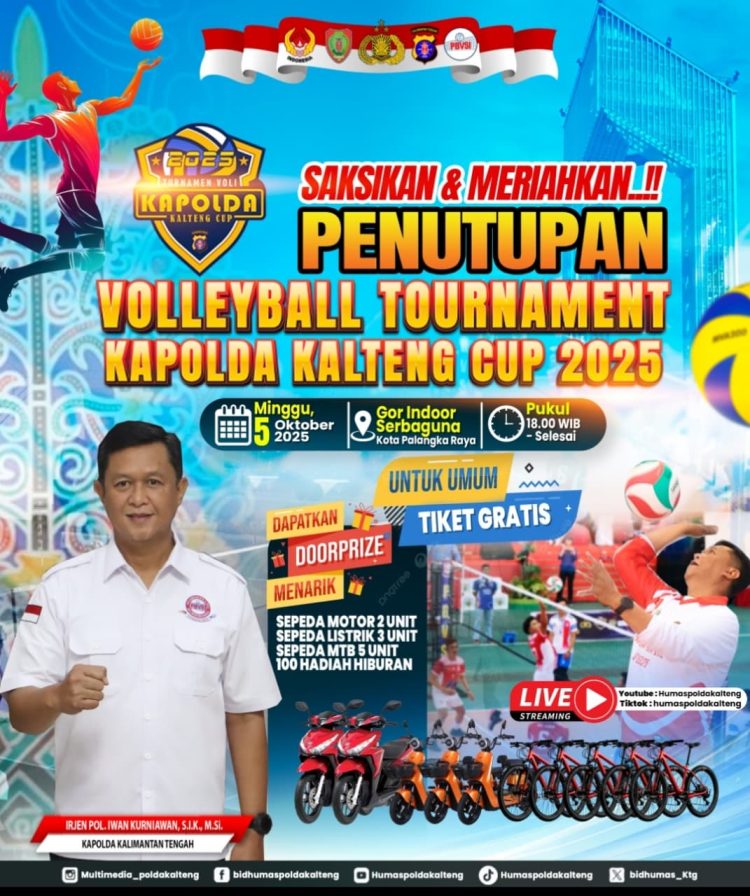 Acara ini akan berlangsung di GOR Serbaguna, Jl. Tjilik Riwut Km.5, Kota Palangka Raya, Minggu (5/10/2025). Kegiatan ini juga akan menjadi puncak dari turnamen voli yang telah berlangsung dari tanggal 28 September hingga 5 Oktober 2025.