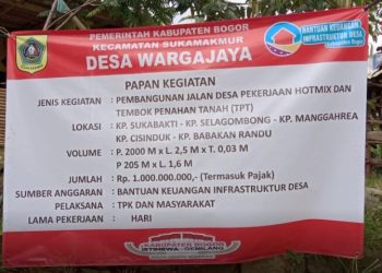 Pemerintahan Desa Warga Jaya Kecamatan Sukamakmur Realisasikan Anggaran Bantuan Keuangan Infrastruktur Desa Dalam Pembangunan Jalan Desa Pekerjaan Hotmix dàn Tembok Penahan Tanah (TPT). (Foto. Dok: RH / Mitrapolri.com)