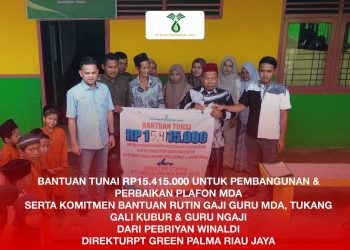 Penyerahan bantuan dilakukan langsung oleh Direktur Utama PT Green Palma Riau Jaya, Pebriyan Winaldi, dan diterima oleh Syafrizon, Kepala MDA Desa Persiapan Jawi–Jawi, disaksikan para guru, tokoh masyarakat, serta murid-murid MDA setempat.