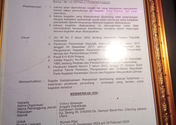 Surat izin dari Polres Bogor Victory Massage & MEN’S HEALTHY” yang berlokasi di Ruko sebrang CCM Blok D No.22, Kecamatan Cibinong, Kabupaten Bogor