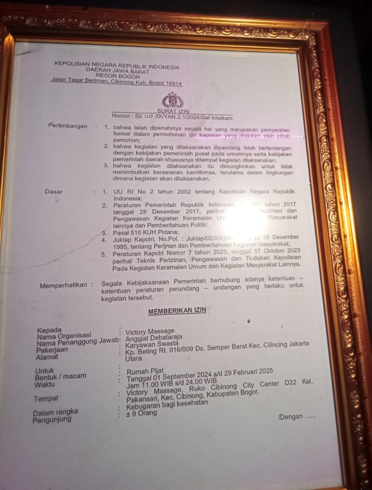 Surat izin dari Polres Bogor Victory Massage & MEN’S HEALTHY” yang berlokasi di Ruko sebrang CCM Blok D No.22, Kecamatan Cibinong, Kabupaten Bogor