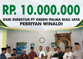 Direktur PT Green Palma Riau Jaya, Pebriyan Winaldi, menyerahkan bantuan tunai sebesar Rp10.000.000 kepada pengurus Masjid Al-Husna di Desa Kampar, Kecamatan Kampa. Penyerahan dilakukan secara simbolis di dalam masjid dan disaksikan para tokoh masyarakat serta jamaah setempat.