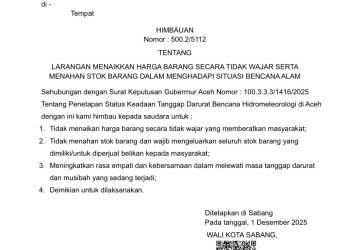 Surat Wali Kota Sabang Nomor 500.2/5112 yang ditetapkan pada 1 Desember 2025.