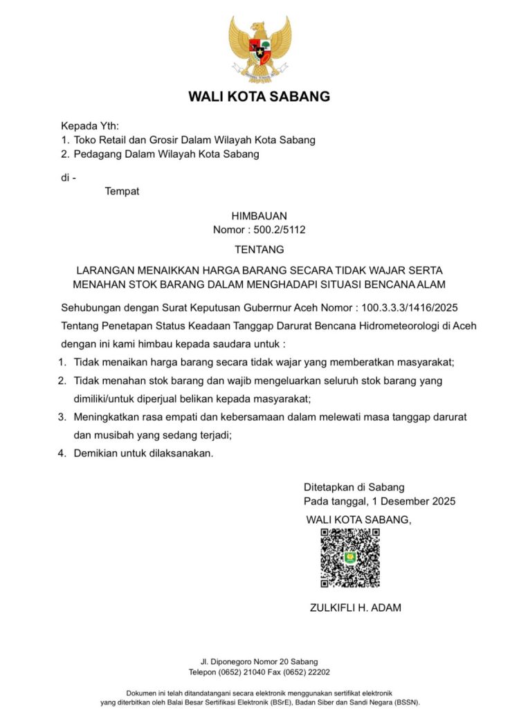 Surat Wali Kota Sabang Nomor 500.2/5112 yang ditetapkan pada 1 Desember 2025.