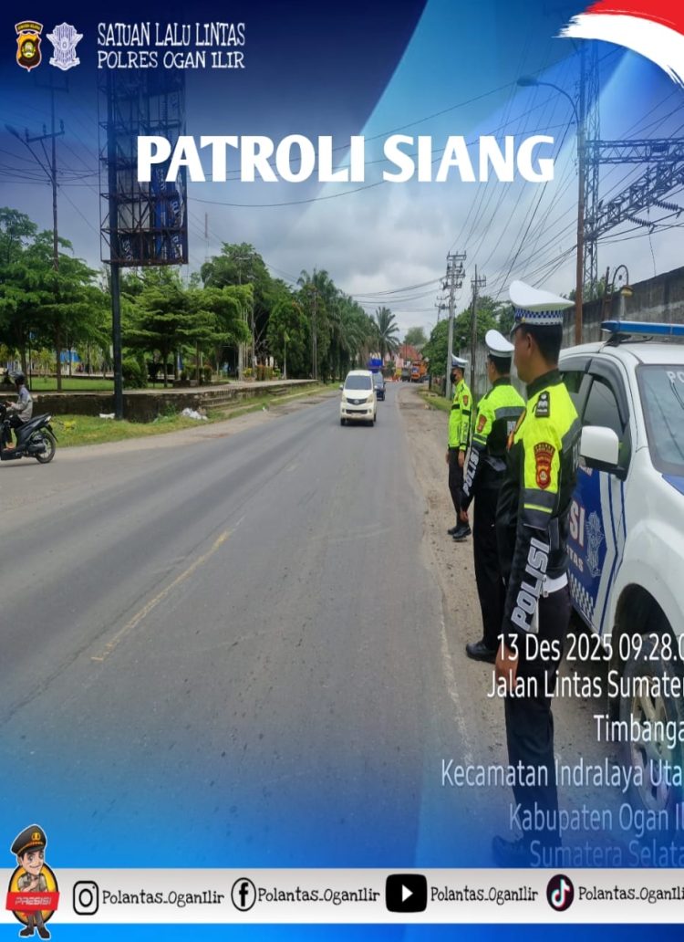 Satuan Lalu Lintas Polres Ogan Ilir melaksanakan kegiatan Patroli Beat Siang pada Sabtu, 13 Desember 2025, sebagai upaya menciptakan keamanan, keselamatan, ketertiban, dan kelancaran lalu lintas (Kamseltibcarlantas) di wilayah hukum Polres Ogan Ilir.