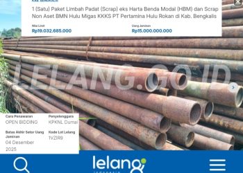 Tampak tumpukan material besi bekas atau limbah padat (scrap) yang menjadi objek lelang oleh KPKNL Dumai di Kabupaten Bengkalis. Lelang dengan nilai limit lebih dari Rp19 miliar tersebut kini diduga bermasalah, setelah muncul dugaan adanya praktik gratifikasi dan persekongkolan antara oknum pejabat penyelenggara dan peserta lelang untuk memenangkan pihak tertentu. (Foto. Dok/lelang.go.id)