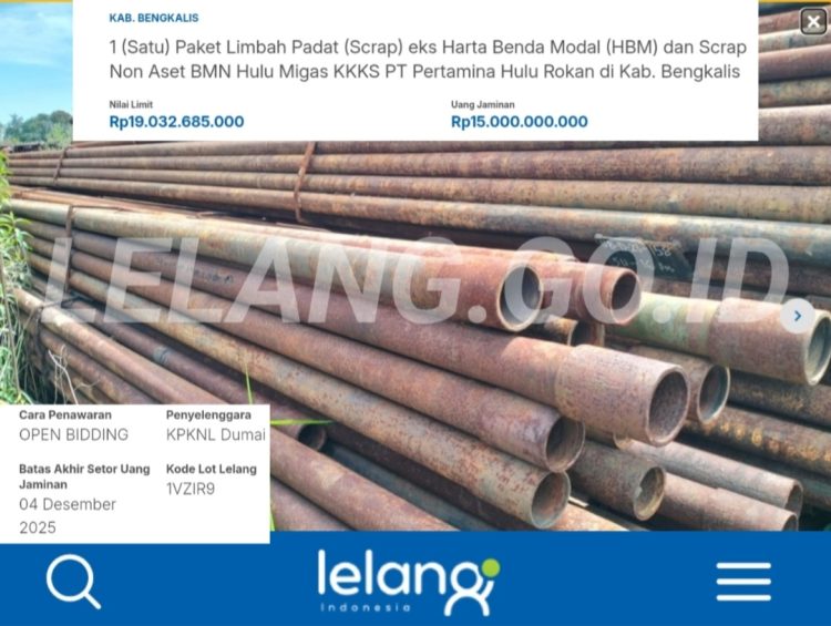 Tampak tumpukan material besi bekas atau limbah padat (scrap) yang menjadi objek lelang oleh KPKNL Dumai di Kabupaten Bengkalis. Lelang dengan nilai limit lebih dari Rp19 miliar tersebut kini diduga bermasalah, setelah muncul dugaan adanya praktik gratifikasi dan persekongkolan antara oknum pejabat penyelenggara dan peserta lelang untuk memenangkan pihak tertentu. (Foto. Dok/lelang.go.id)